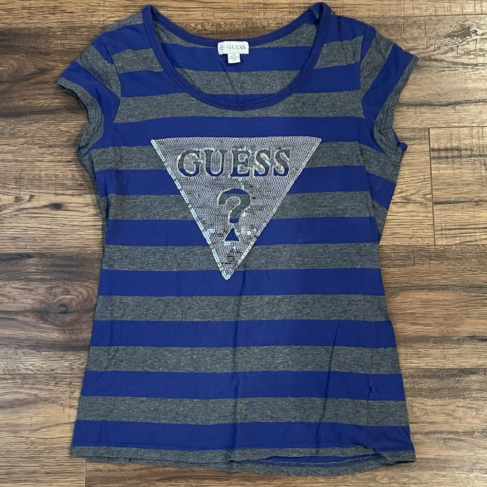 Striped Blue Grey Y2K Guess Rhinestone McBling‎ Tshirt Womens Large Baddie 2000s